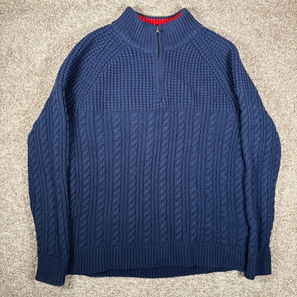 Brooks‎ Brothers Red Fleece Mens XL Navy Wool Cable Knit Quarter Zip Sweater